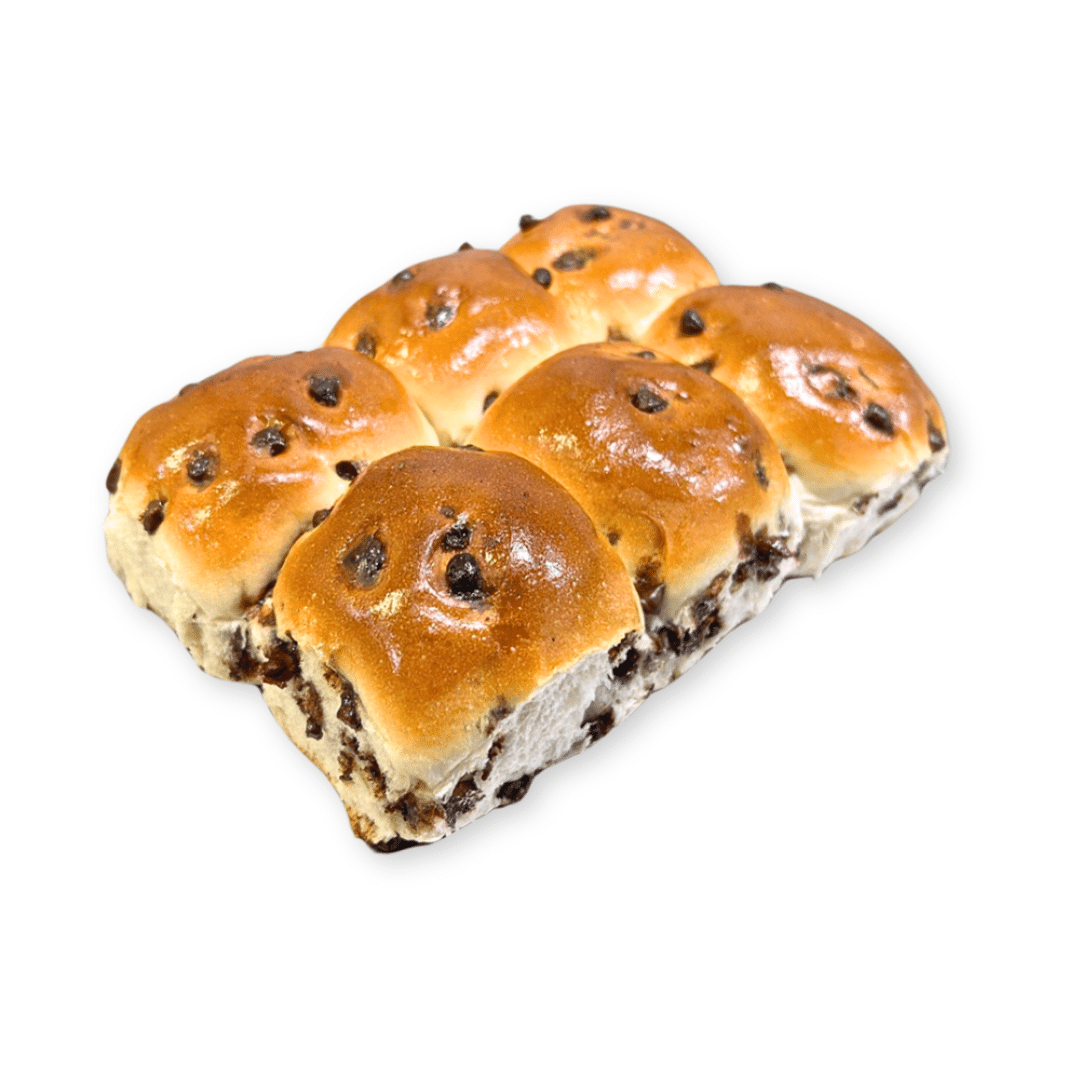 choc_chip_bun_45deg_6pack Freshly baked Choc Chip Buns in a 6-pack, supporting I Am Hope.