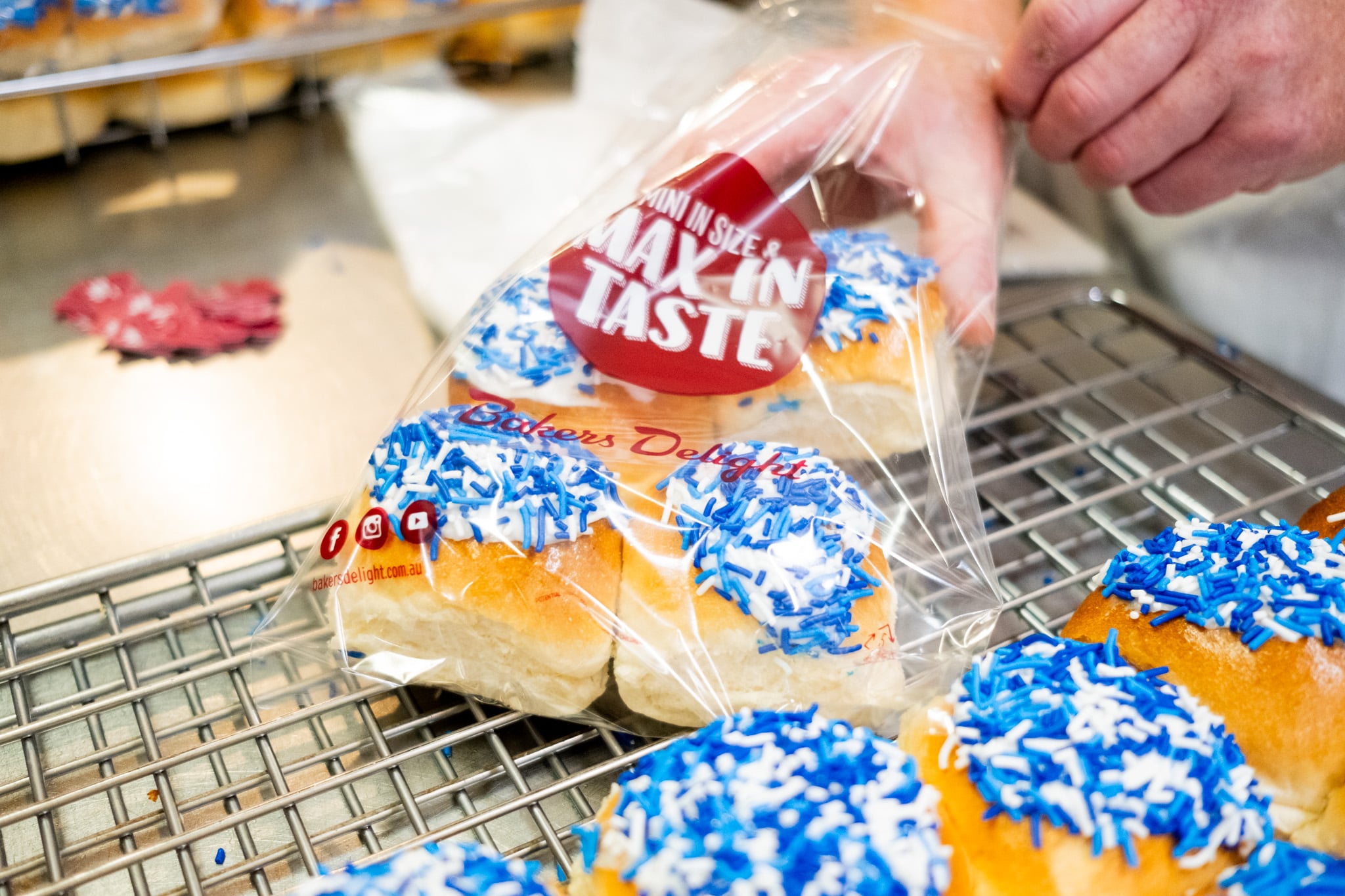 Blue Bun September Freshly baked Blue Buns from Bakers Delight NZ, supporting Blue September and raising funds for Prostate Cancer Foundation NZ.