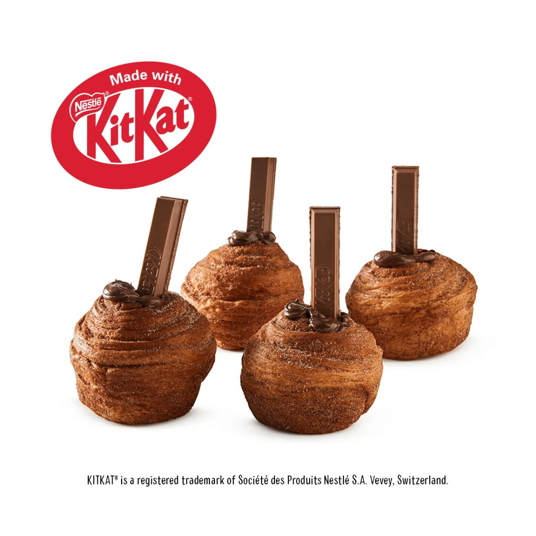 Cruffin Made with KITKAT® featuring flaky golden pastry with a delicious chocolatey filling.