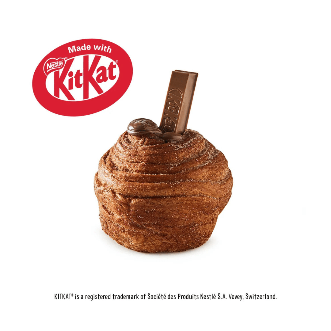 Cruffin Made with KITKAT® featuring flaky golden pastry with a delicious chocolatey filling.